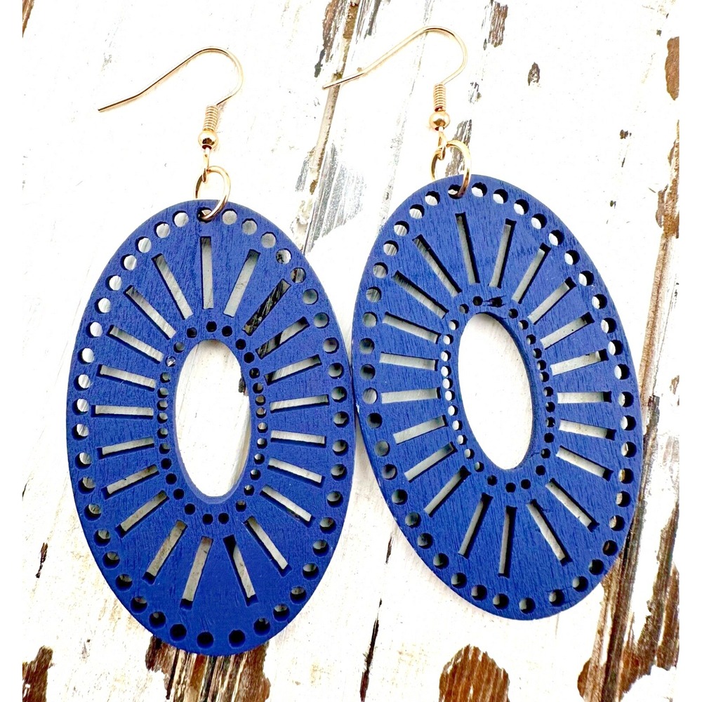 Navy Blue Oval‎ Earrings Laser Cut Wood NEW